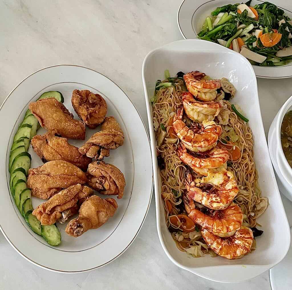 Nam Yue Fried Chicken with shrimp noodles on the side